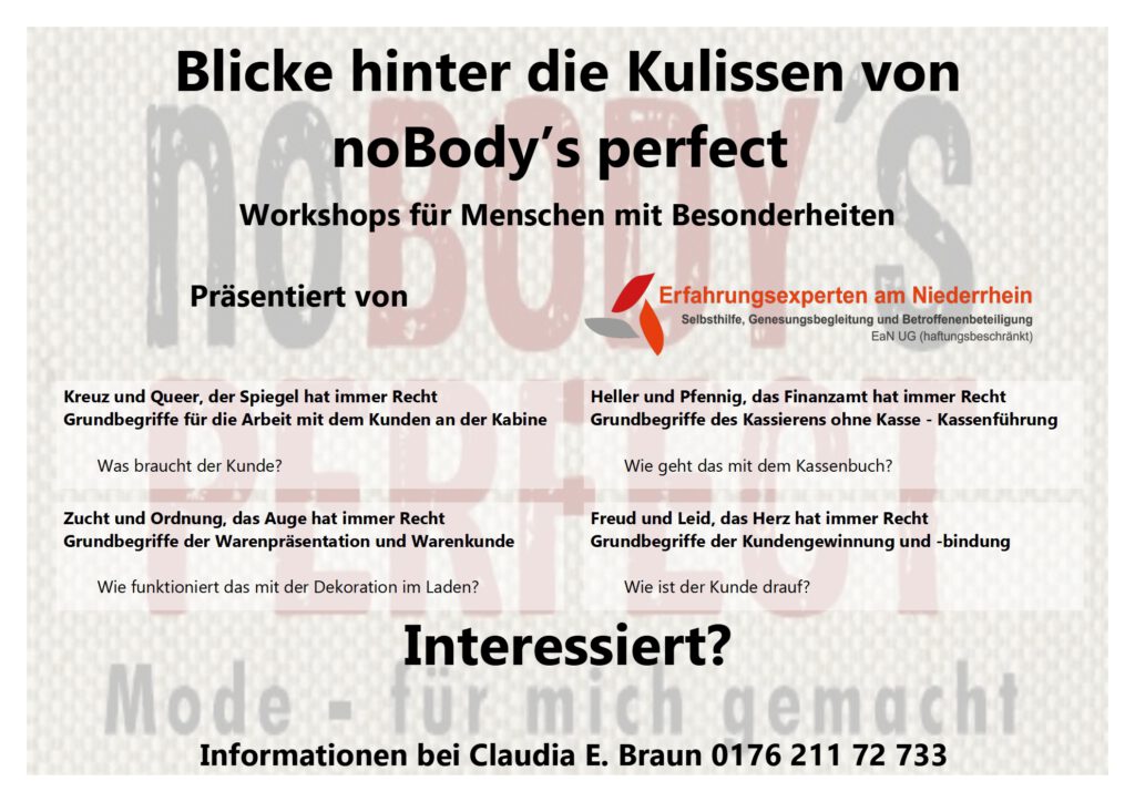 Plakat Blicke hinter die Kulissen von noBody's perfect
Workshops für Menschen mit Besonderheiten.